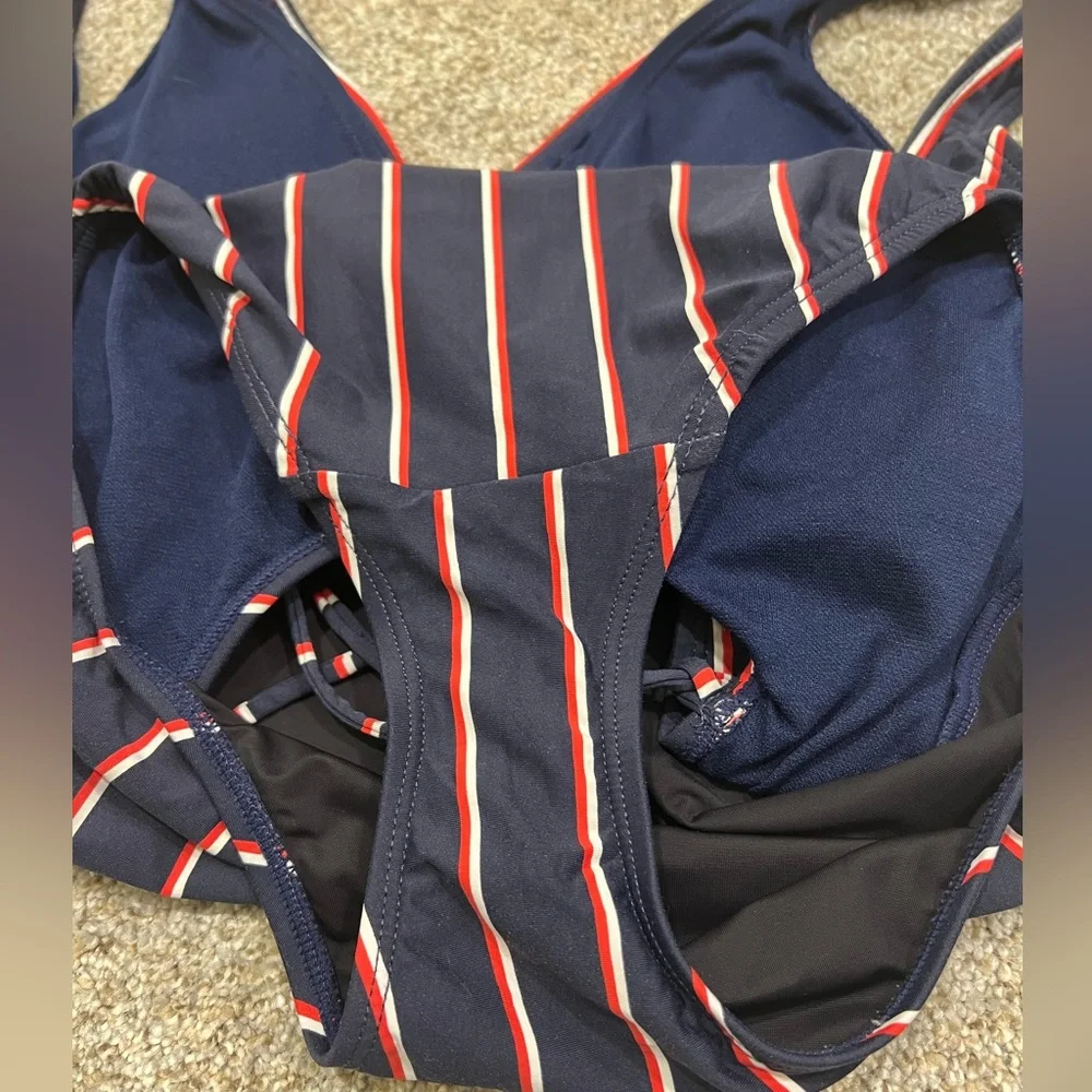 LAUREN Ralph Lauren Navy Striped Tie-back Women’s One-piece Swimsuit, Small - Picture 7 of 8